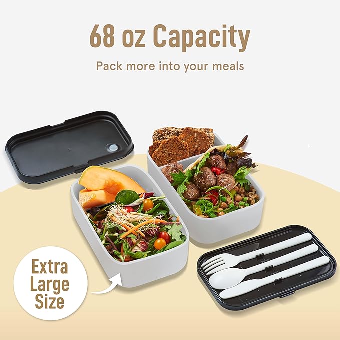 KARRICO Double Premium Bento Box Adult, 67 fl oz BPA-Free - Cream Stackable Lunch Box with Leak-Proof Lids & Dividers, Perfect for Meal Prep, Lunches & Portion Control