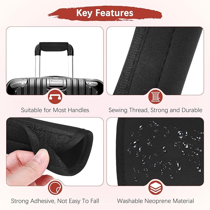 Luggage Handle Wrap [6PCS] - Neoprene Luggage Identifiers Use for Suitcases & Carry on & Travel Accessories - [Black-6IN/15CM] Comfort Grip Handle Cover