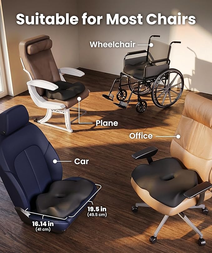 Everlasting Comfort Doctor Recommended Memory Foam Seat Cushion for Office Chairs & Car - Ergonomic Office Desk Accessories - Cushions for Tailbone Pain Relief, Sciatica
