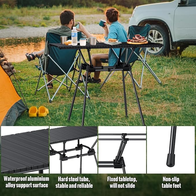 GARLLEN Folding Camping Table 176LBS Capacity, 4 Adjustable Height Roll-up Camping Table with Carrying Bag, Portable Aluminum Picnic Table for BBQ, Cooking, Outdoor, Tabletop 35" L x 16" W