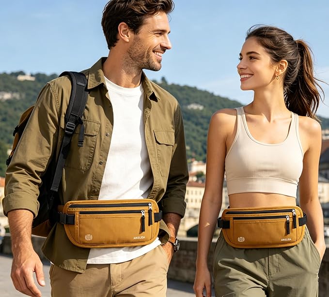 RFID Blocking Money Belt - Passport Holder & Travel Wallet, Slim Hidden Fanny Packs for Women Men - Gold