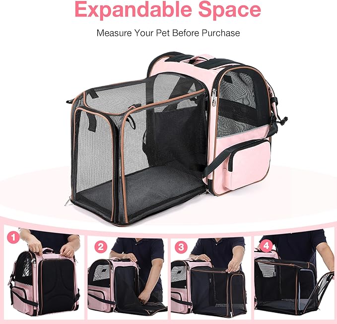 Large Cat Backpack Carrier Expandable Foldable Pet Carrier Backpack for Small Dogs Puppy Medium Cats Fit Up to 18 Lbs for Travel, Hiking,Pink XL Size
