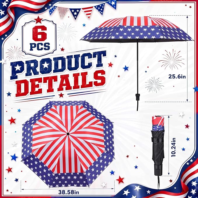 6 Pcs Patriotic American Umbrellas Red White Blue 4th of July Umbrellas with 8-Rib and Black Coating, Windproof