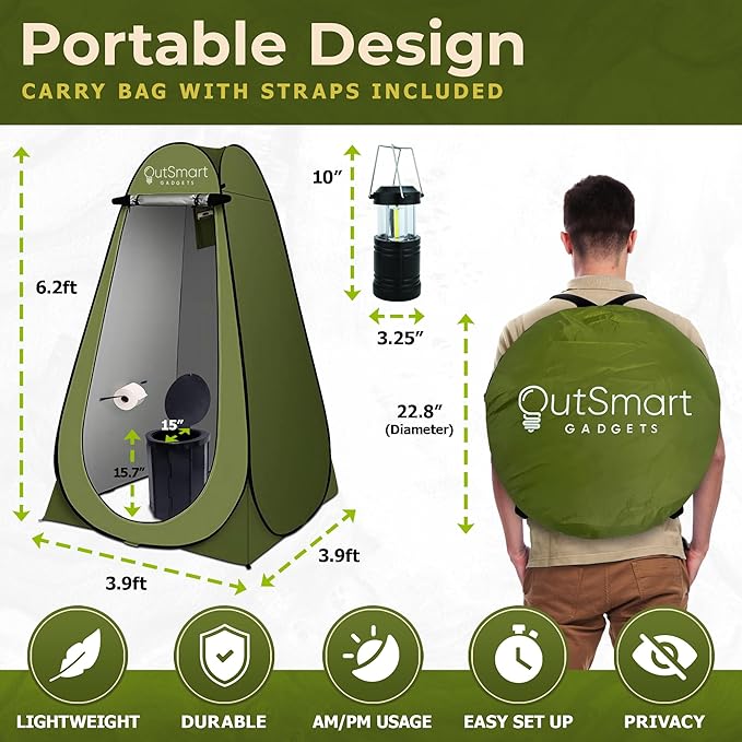 Outsmart Gadgets Outdoor Portable Toilet Set for Adults with Camping Night Lantern, Folding XL Toilet, Pop Up Privacy Tent and Carry Bags, Multipurpose Potty, Washable and Foldable for RV Travel