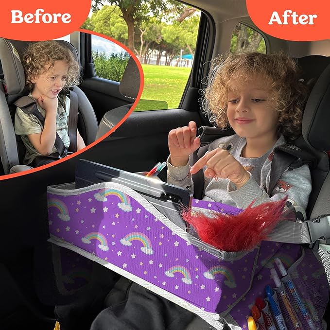 PILLANI Kids Travel Tray for Car - Car Seat Tray for Kids w/ Tablet & Cup Holder - Toddler Travel Activities for Car & Airplane - Road Trip Essentials & Must Haves - Carseat Table Roadtrip Activities