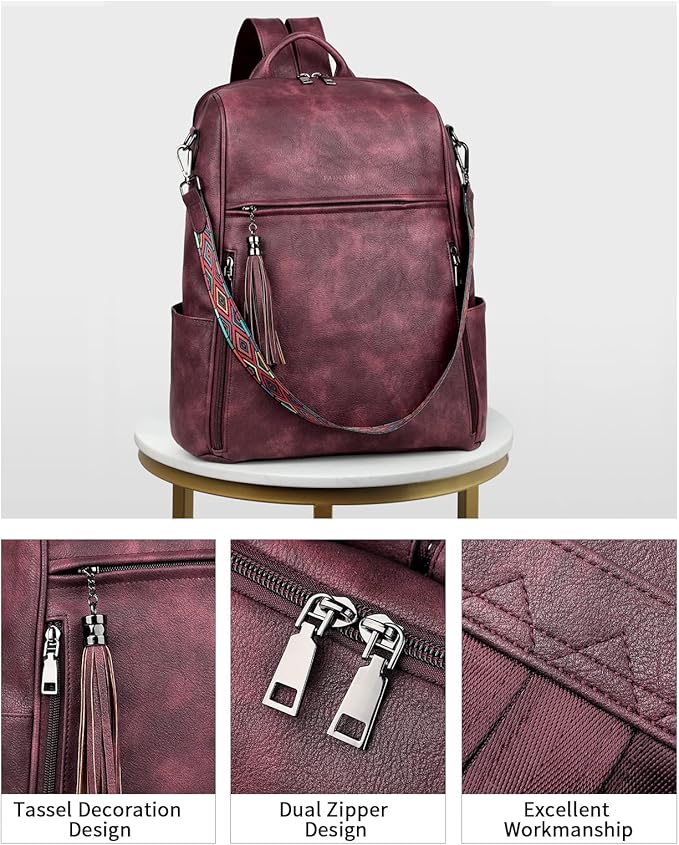 FADEON Leather Laptop Backpack for Women Designer 15.6 inch PU Laptop Bag, Ladies Travel Computer Work Backpack Red