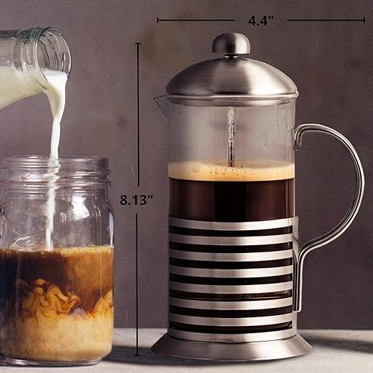 OVENTE French Press Coffee Maker 20 Ounce with Heat Resistant Borosilicate Glass, Stainless Steel Design and 4-Level Filter System, Portable Cold Brewer Pot for Travel, Camping or Gift, Silver FSH20S