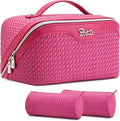 BOYATU Travel Makeup Bags for Women: Large Capacity Make up Bag with Wide Opening - 3 Pcs Set Waterproof Travel Toiletry Organizer for Full-Sized Bottles, Cosmetics & Brushes (Plum-W)