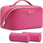 BOYATU Travel Makeup Bags for Women: Large Capacity Make up Bag with Wide Opening - 3 Pcs Set Waterproof Travel Toiletry Organizer for Full-Sized Bottles, Cosmetics & Brushes (Plum-W)