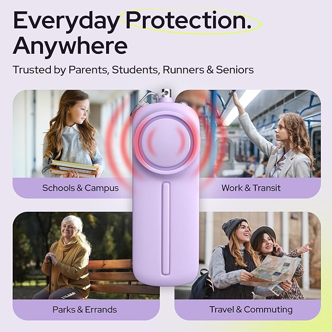 Weten Personal Safety Alarm Keychain - 130dB Siren, LED Light, Panic Pin – Compact Self-Defense Device and Emergency Whistle Alternative for Women, College, Travel, and Night Walk Protection (Purple)