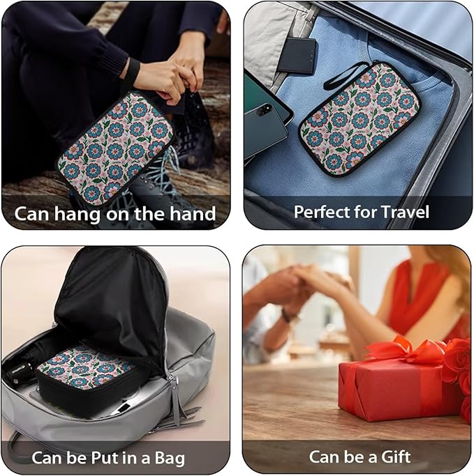 Blue Flowers Electronics Case Portable Electronic Accessories Carry Case Tech Pouch for Cable Cord Charger Phone Earphone Power Bank SD Card Travel Use