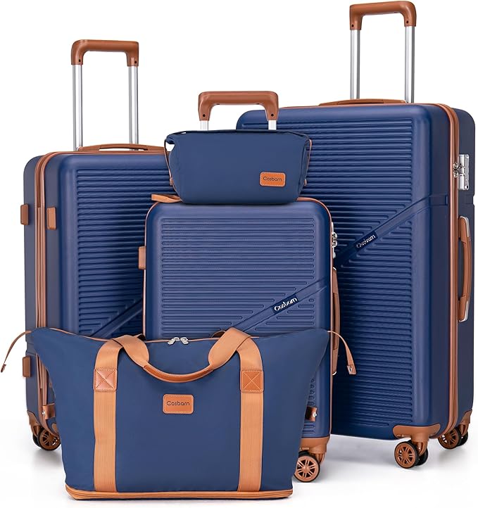 Cosbarn 5 Piece Luggage Sets with Spinner Wheels, Hardshell ABS Suitcase Set with Tsa Lock, Lightweight Hardside Waterproof Travel Suitcases for Men Women, DarkBlue (20"/24"/28")