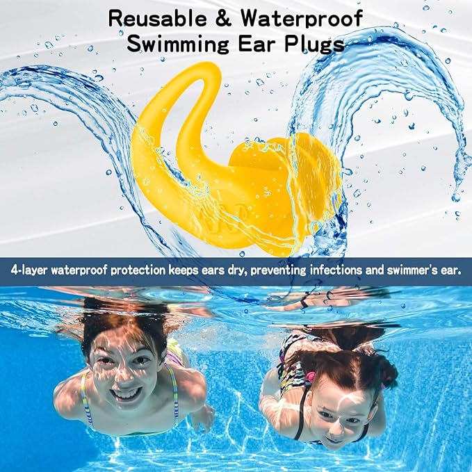 Waterproof Ear Plugs for Swimming Kids - 4 Pairs Reusable Silicone Swimming Ear Plugs for Children Ages 4-14, Keep Ear Water Out, Surfing, Bathing, Water Sports