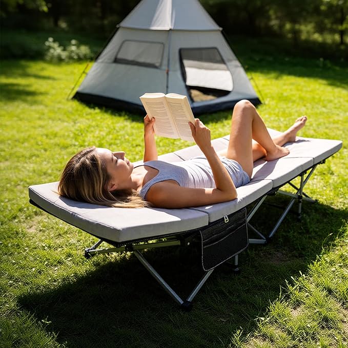 ABORON Camping Cot with 2in Memory Foam Mattress, 900LBS Heavy Duty Sleeping Cot for Adults, Extra Wide Sleeping Cot, 1200D Double Layer Oxford Cot for Camping, Guest, Office Nap