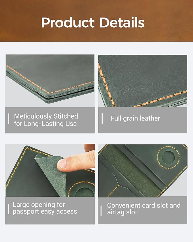 Passport Holder for Travel, Genuine Leather Passport Wallet Cover Case with Airtag Slot, RFID Blocking, for Women Men, Travel Essentials Gift, Green