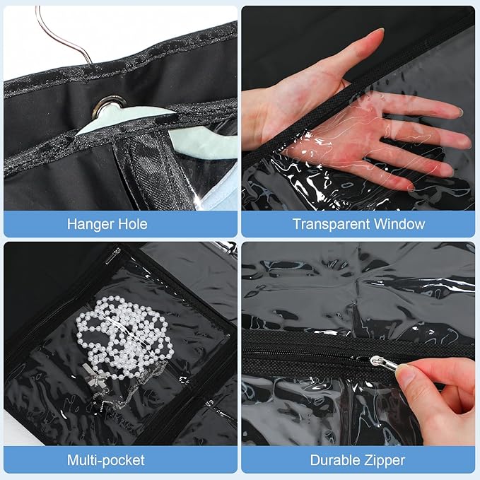 Woanger 6 Pcs Garment Bags for Dance Costumes Clear PVC with Zippers Garment Bag with Pockets Dance Costume Organizer Carrier for Storage Cover for Adult(Black,24'' X 60'')