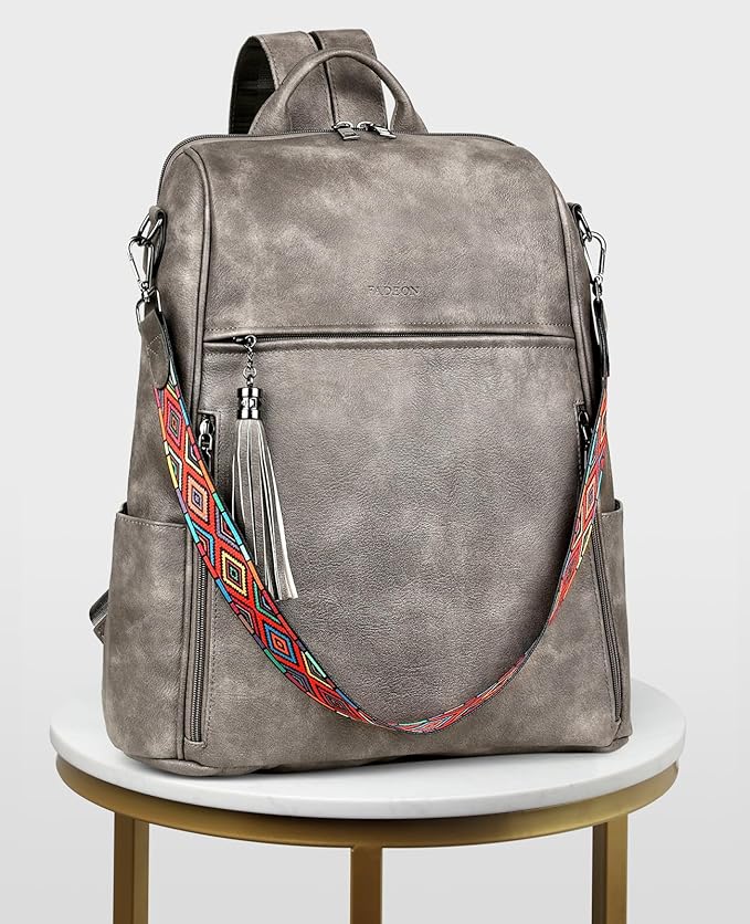 FADEON Leather Laptop Backpack for Women Designer 15.6 inch PU Laptop Bag, Ladies Travel Computer Work Backpack Grey