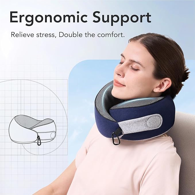 KPNEOL Travel Pillow, 100% Pure Memory Foam Travel Neck Pillow Airplane Neck Support Ergonomic Design for Traveling Suitable for Airplanes,Offices and Cars-Navy Blue