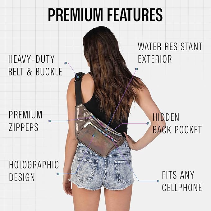 Holographic Fanny Pack Belt bag - Crossbody Waist Bag for Men or Women - Hands-Free, Waterproof Large Bumbag for Hiking, Running, and Travel (Copper Glitter)