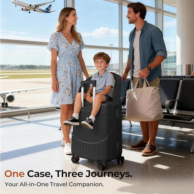 20" Ride-On Luggage with Child Seat, Hardside Carry-On Suitcase with Shockproof 360° Silent Spinner Wheels, TSA Lock, Kids & Adults & Busy Moms