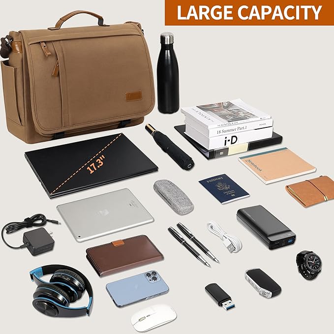 ESTARER Messenger Bag 17-17.3 Inch, Men's Computer Bag Water-resistant Canvas, Laptop Shoulder Bag for Travel Work College, Brown