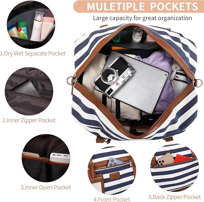 Wogarl 4PCS Weekender Bags for Women Large Overnight Weekend Travel Duffel Carry on Shoulder with Shoe Compartment Canvas Toiletry Bag for Travel Business Gym