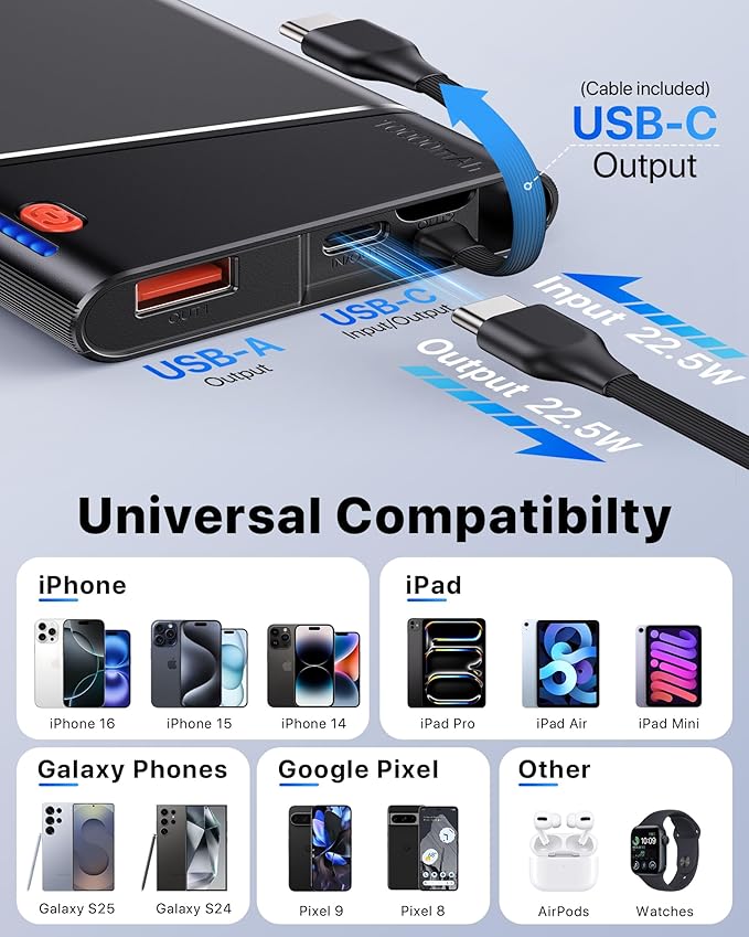 Aaoyun Portable Charger Power Bank, 10000mAh 22.5W PD Fast Charging Powerbank with Built-in USB C Cable, Slim External Phone Battery Pack for iPhone 17/16/15 Samsung S24 Android etc (Grey)