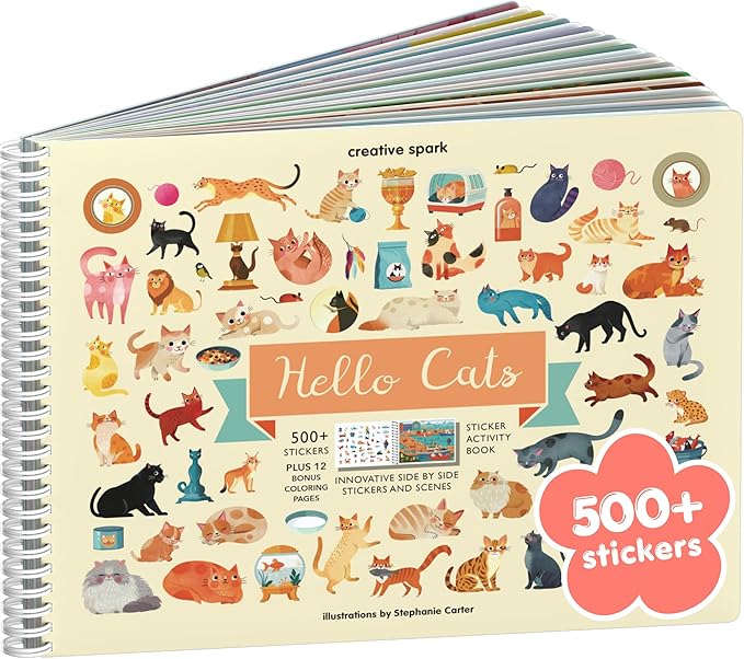 Hello Cats 500+ Sticker Book for Girls by Cupkin Toddler Airplane Activity Coloring + Sticker Book, Road Trip Essentials, 2 Coloring Pages + Scenes for Ages 2–8 Years