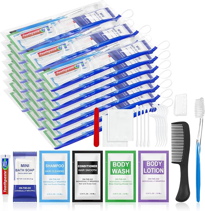 30 Set Personal Hygiene Kit Bulk,12-IN-1 Individually Wrapped Blue Basic Toiletry Supplies Disposable Travel Toothbrushes and Hotel Vanity Set for Homeless,Guests,Charity