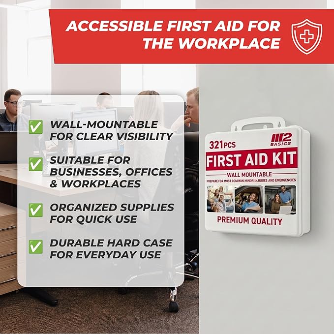 M2 BASICS 321 Piece First Aid Kit, Hard Case Emergency Medical Kit with Supplies for Home, Car, School, Office, Workplace