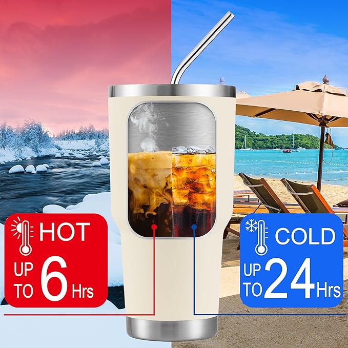 D·S 30oz Cream Tumbler Stainless Steel Insulated Travel Mug with Straw Lid Cleaning Brush (30oz Cream)