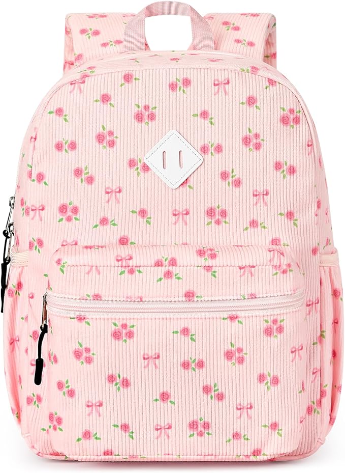 STEAMEDBUN Corduroy Kids Backpack for Girls Boys 3-8, Girls Backpack for Elementary Kindergarten - Pink Rose