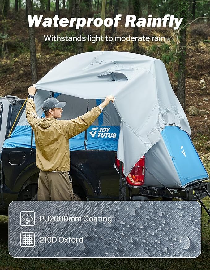 JOYTUTUS Truck Tent, Portable Truck Bed Tent with Rainfly, Truck Tent for 5.0'-5.2' with Aluminum Pole, Waterproof PU2000mm Double Layer for 2 Person - Blue