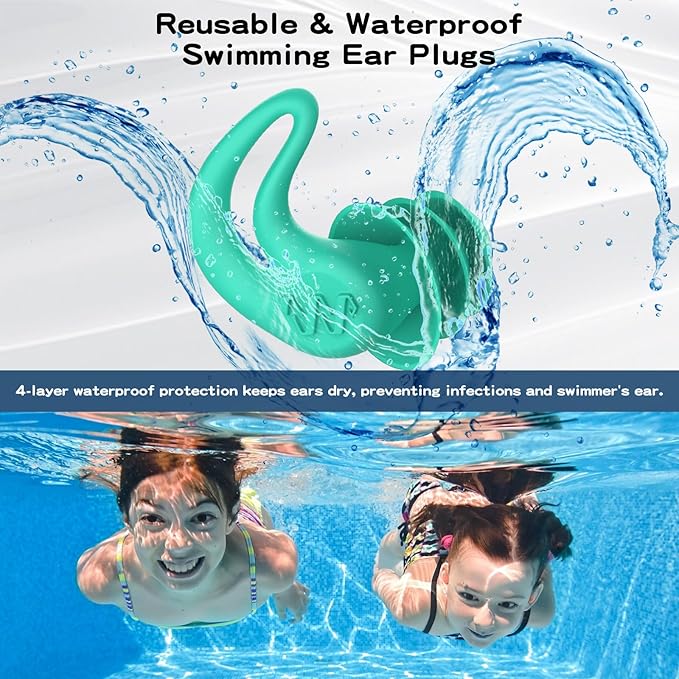Waterproof Swimming Ear Plugs - 4 Pairs Reusable Silicone Showering Ear Plugs for Adults Kids, Ideal for Swimming, Surfing, Water Sports (Adults- Black, Green & Kids- Black, Blue, 1 Pair (Pack of 4))