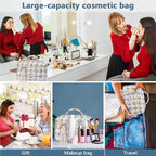 Gosect Large Makeup Bag, Cute Cosmetic Bag for Women Girls, Floral Coquette Aesthetic Toiletry Bag, Travel Make Up Organizer Bag (Check Bear)