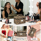 Gosect 1pc Large Makeup Bag, Cute Cosmetic Bag for Women Girls, Floral Coquette Aesthetic Toiletry Bag, Travel Make Up Organizer Bag (Leopard Print)