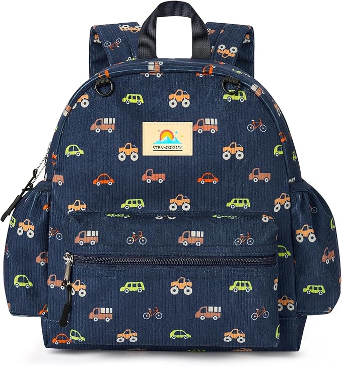 STEAMEDBUN Corduroy Toddler Backpack for Boys 2-4: Kids backpack for Boys Girls - 12 inch Preschool Kindergarten Backpacks - Car
