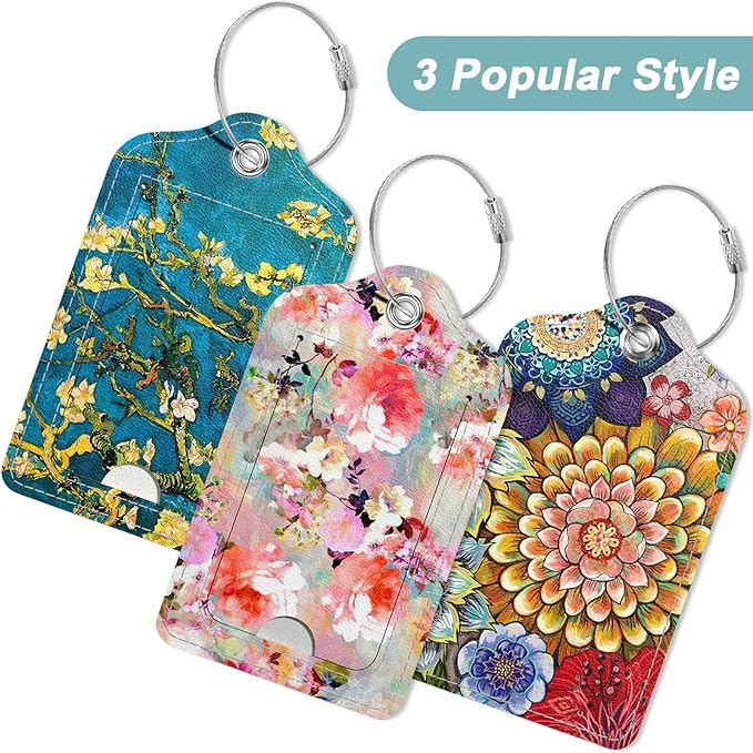 Rimilak 3 Pcs PU Leather Luggage Tags for Suitcase, Travel Cruise Luggage Tag with Privacy Flap, Name ID Label and Metal Loop for Women Men Baggage Handbag School Bag Backpack, Watercolor Flowers