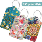 Rimilak 3 Pcs PU Leather Luggage Tags for Suitcase, Travel Cruise Luggage Tag with Privacy Flap, Name ID Label and Metal Loop for Women Men Baggage Handbag School Bag Backpack, Watercolor Flowers