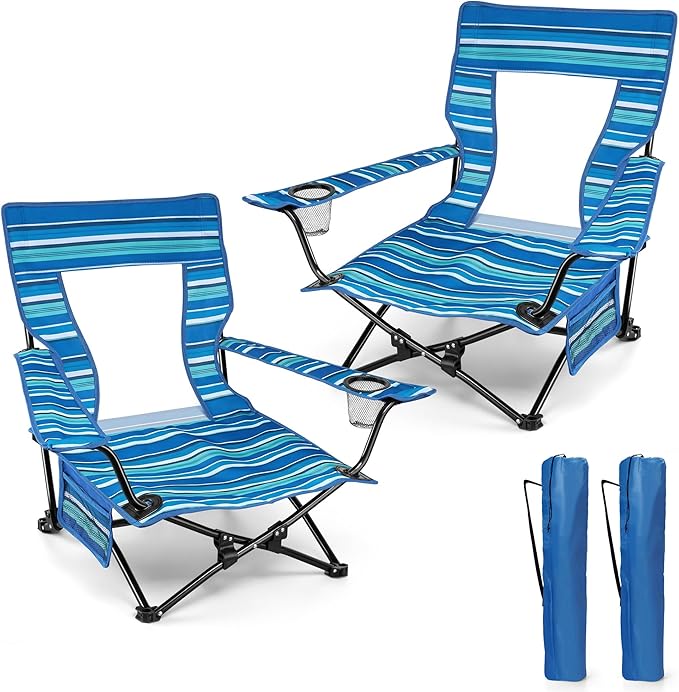 HaSteeL Folding Beach Chair Set of 2, Foldable Striped Camping Chairs for Outside, Low Beach Chair Portable for Adults Fishing, Picnic, Outdoor BBQ, Travel, Sports, Cup Holder & Storage Bag