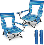 HaSteeL Folding Beach Chair Set of 2, Foldable Striped Camping Chairs for Outside, Low Beach Chair Portable for Adults Fishing, Picnic, Outdoor BBQ, Travel, Sports, Cup Holder & Storage Bag