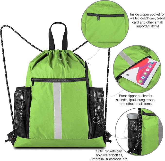 BeeGreen Cinch Bag Backpack String Gym Sackpack with Shoe Compartment and Two Side Mesh Pockets Large Lightweight Portable Sport Drawstring Sack
