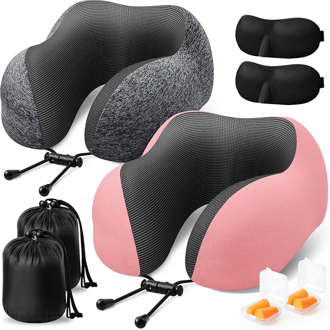 ExploreBliss Travel Pillow, 2 Pack Travel Pillows for Sleeping Airplane, Neck Pillow Airplane, Memory Foam Neck Pillow Set with Eye Mask, Earplugs and Storage Bag -Grey & Pink