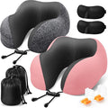 ExploreBliss Travel Pillow, 2 Pack Travel Pillows for Sleeping Airplane, Neck Pillow Airplane, Memory Foam Neck Pillow Set with Eye Mask, Earplugs and Storage Bag -Grey & Pink