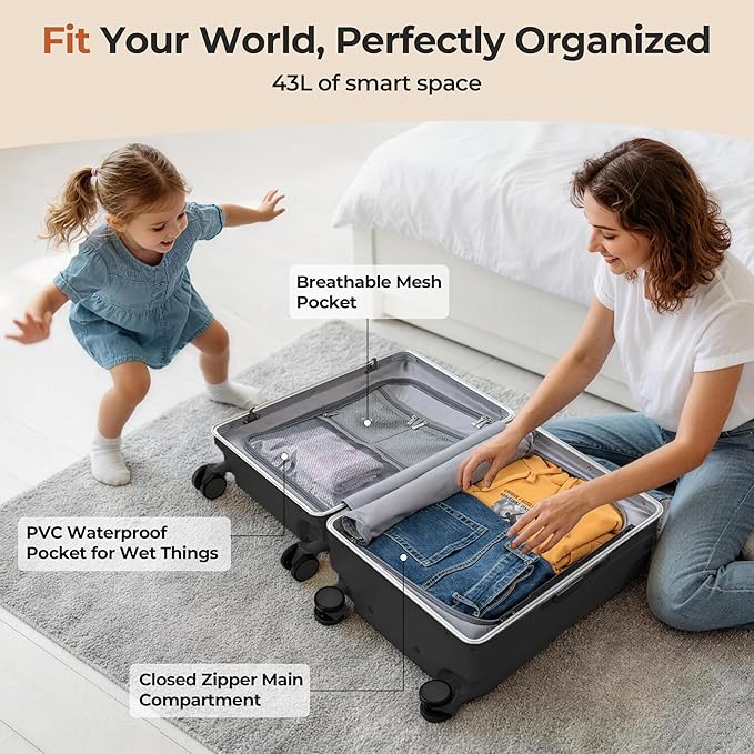 20" Ride-On Luggage with Child Seat, Hardside Carry-On Suitcase with Shockproof 360° Silent Spinner Wheels, TSA Lock, Kids & Adults & Busy Moms