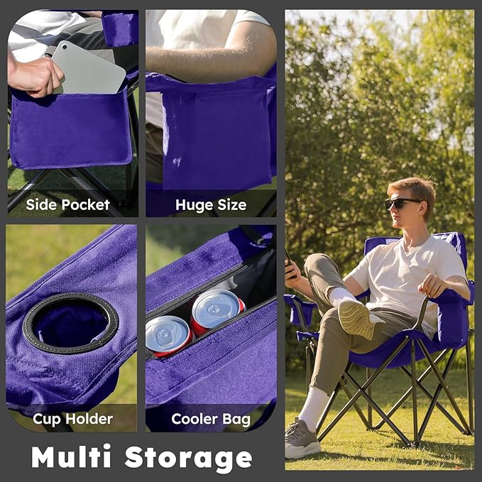 Colegence Heavy Duty Camping Chair for Adults Set of 2, Oversized Heavy People Foldable Outside Camp Chairs, with Cooler Bag Cup Holder, Side Pocket for Lawn,Sport,Outdoor,Deep Purple