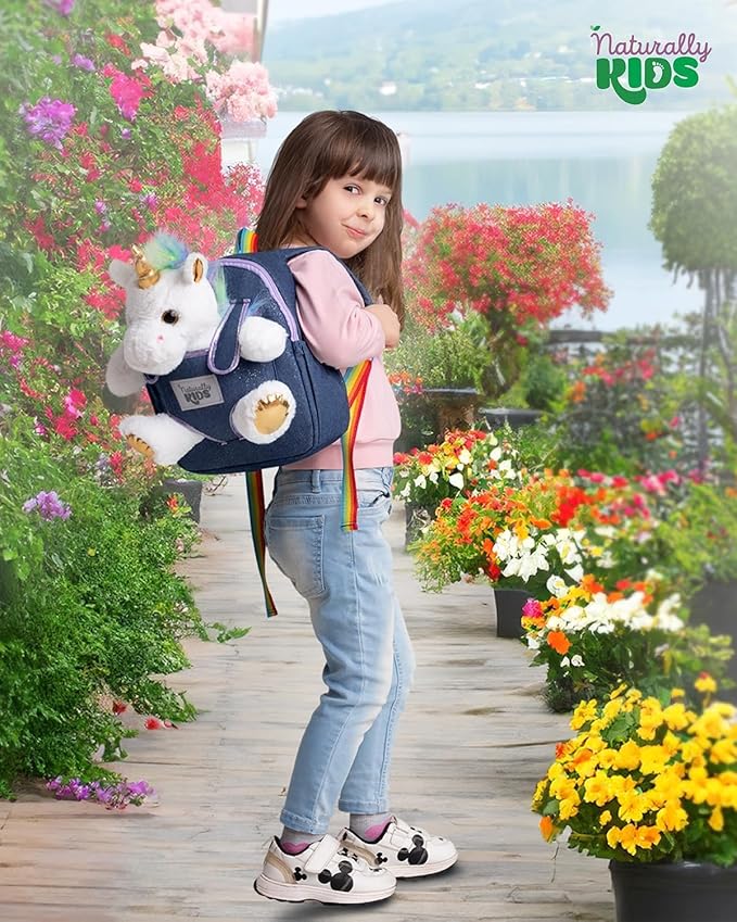 Naturally KIDS 【Upgraded】 Toddler Backpack w Removable Unicorn Toy for Girls Age 2-6 | Side & Inner Pockets, Reflective Logo, Name Tag, Sparkly Denim | Cute Christmas Gifts