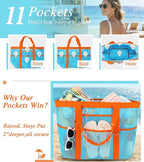2026 Stylish & Spacious XX-Large Beach Bag for Women – Mesh × Canvas Tote with Top Zipper, 11 Tall Pockets | 40L+ Spacious, 11 Tall Pockets, Zipper Pouch, Secure Zip-Top, Sand-Resistant Base