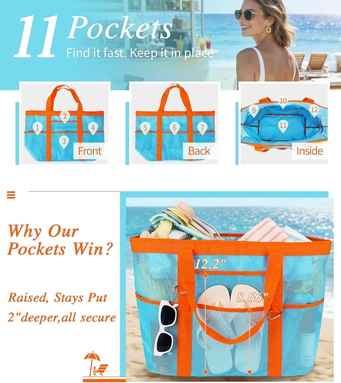 2026 Stylish & Spacious XX-Large Beach Bag for Women – Mesh × Canvas Tote with Top Zipper, 11 Tall Pockets | 40L+ Spacious, 11 Tall Pockets, Zipper Pouch, Secure Zip-Top, Sand-Resistant Base