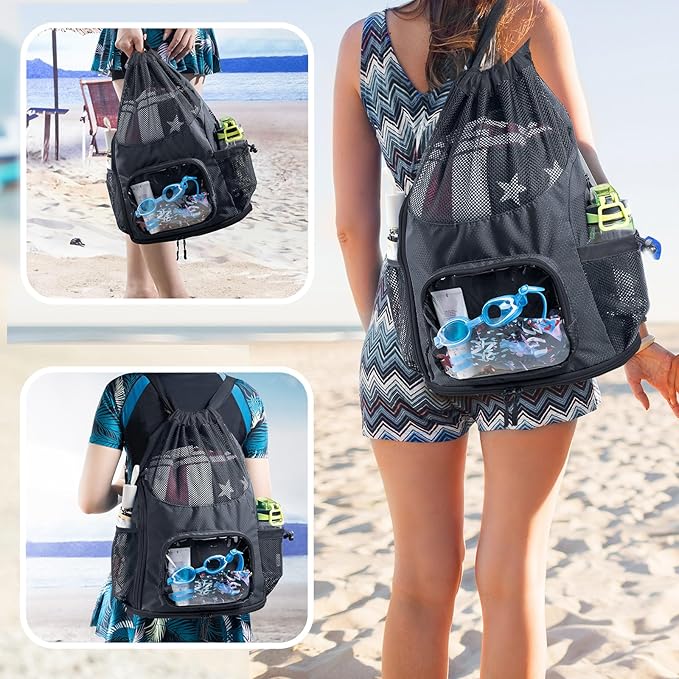 Mesh Drawstring Backpack with Shoe Compartment, Sandproof Beach Swim Bag with Wet Pocket, Pool Gym Shower Bag for Travel Summer Camp